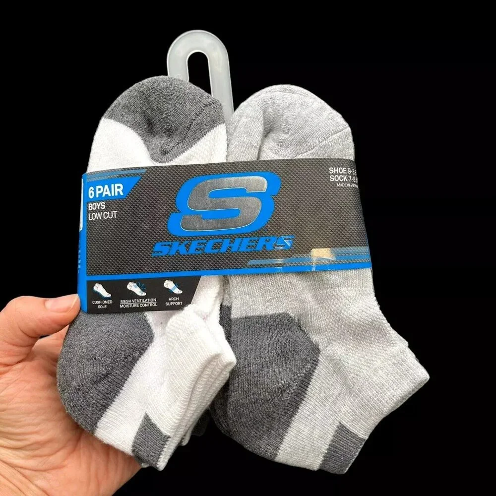 Skechers Litte-Youth‎ Boy's Low Cut Socks Shoe Size 9-3.5 White Gray (12 Pairs)